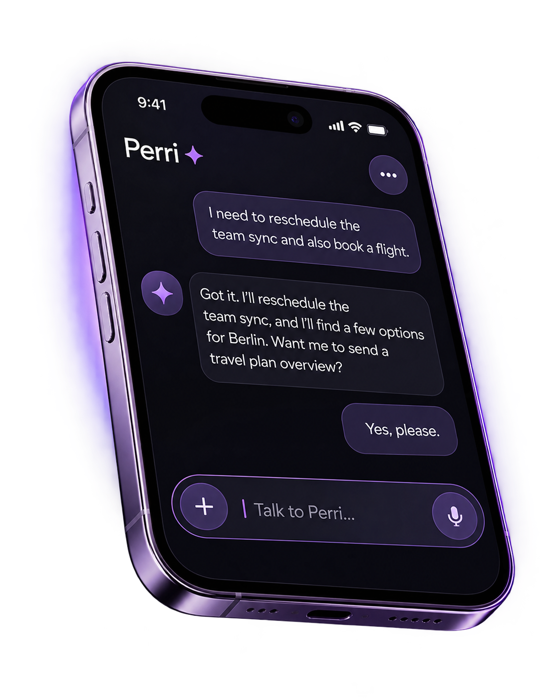A conversation with Perri: he asks Perri to reschedule a team sync and look up a flight, and Perri offers to send a travel plan overview.