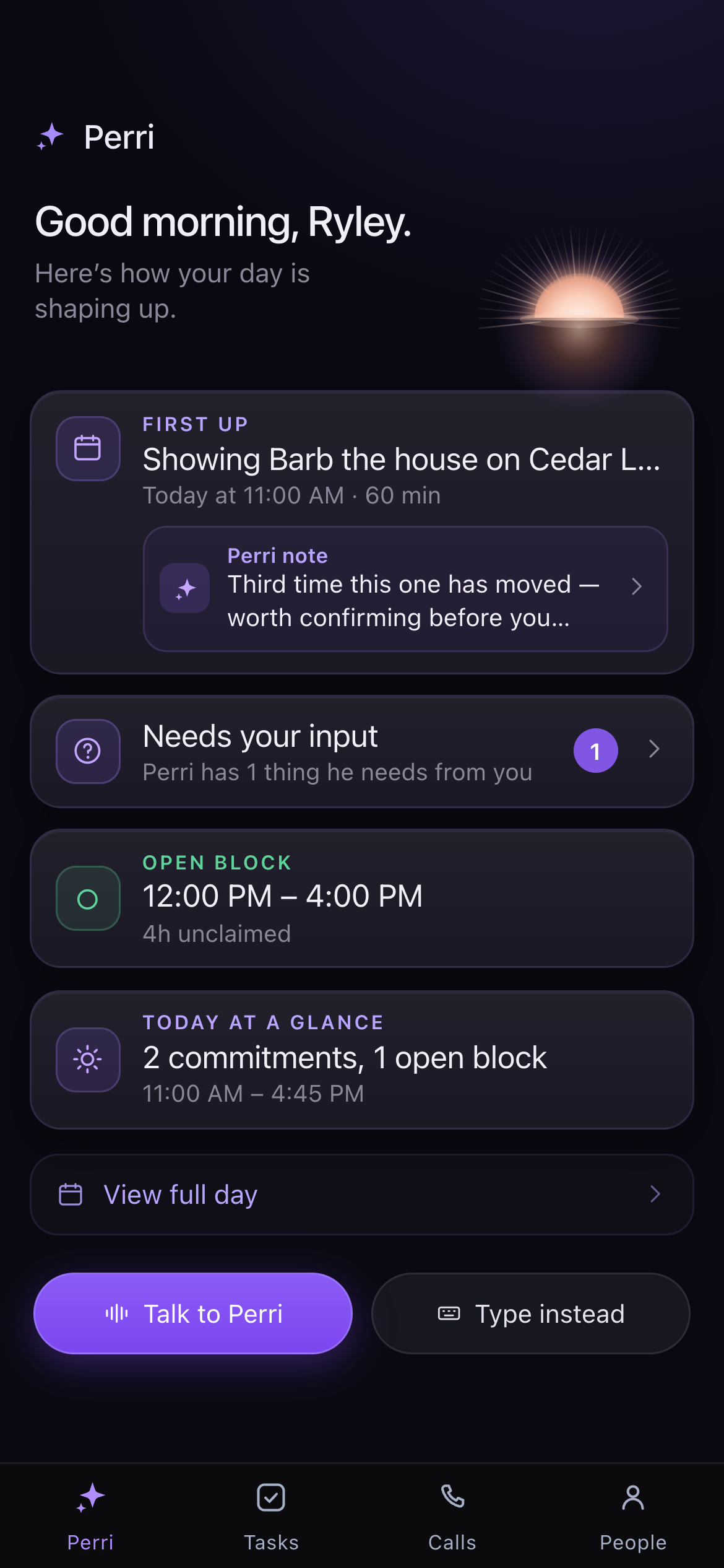 Perri's home screen: a morning greeting, the next commitment with a note under it, and an open block.